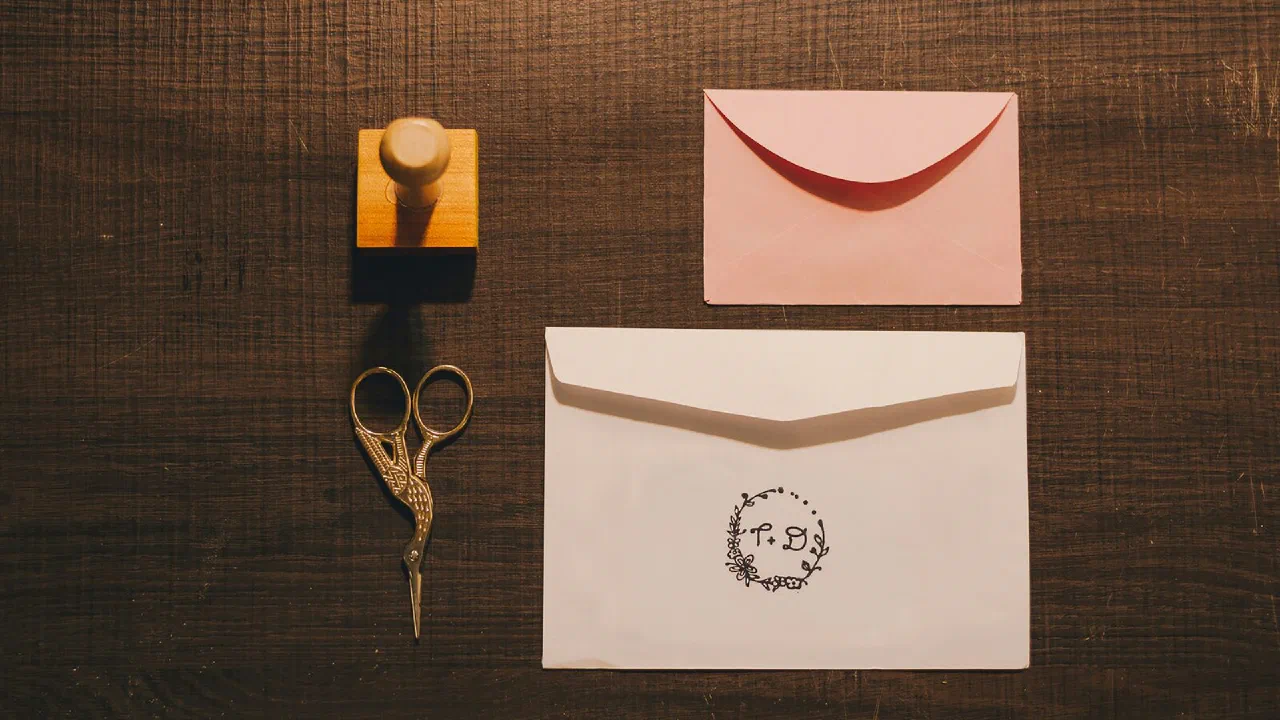 A rubber stamp, a card and a pair of scissors on a table